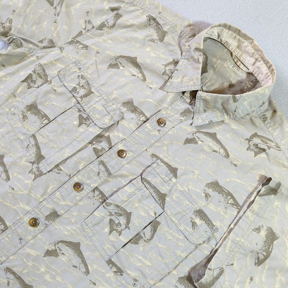 LL‎ Bean Mens Large Trout Fishing Shirt Short Sleeve Button Up Gray Performance